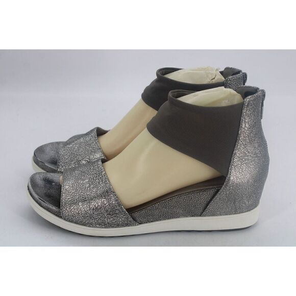Eileen Fisher Sign Sandals Women's 10 Silver Leather Ankle Strap Back Zip - Picture 9 of 11